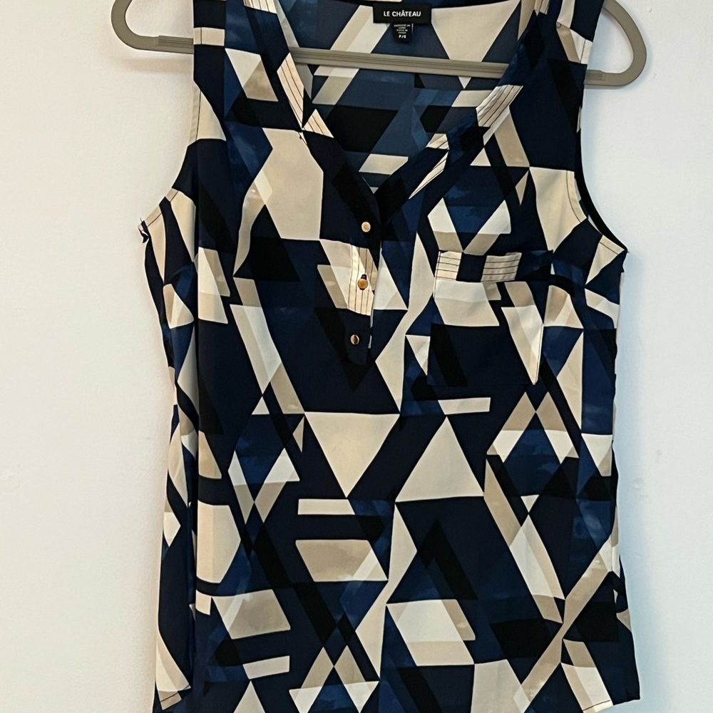 Le Chateau Women's Geometric Blue and Cream Top with gold detailing